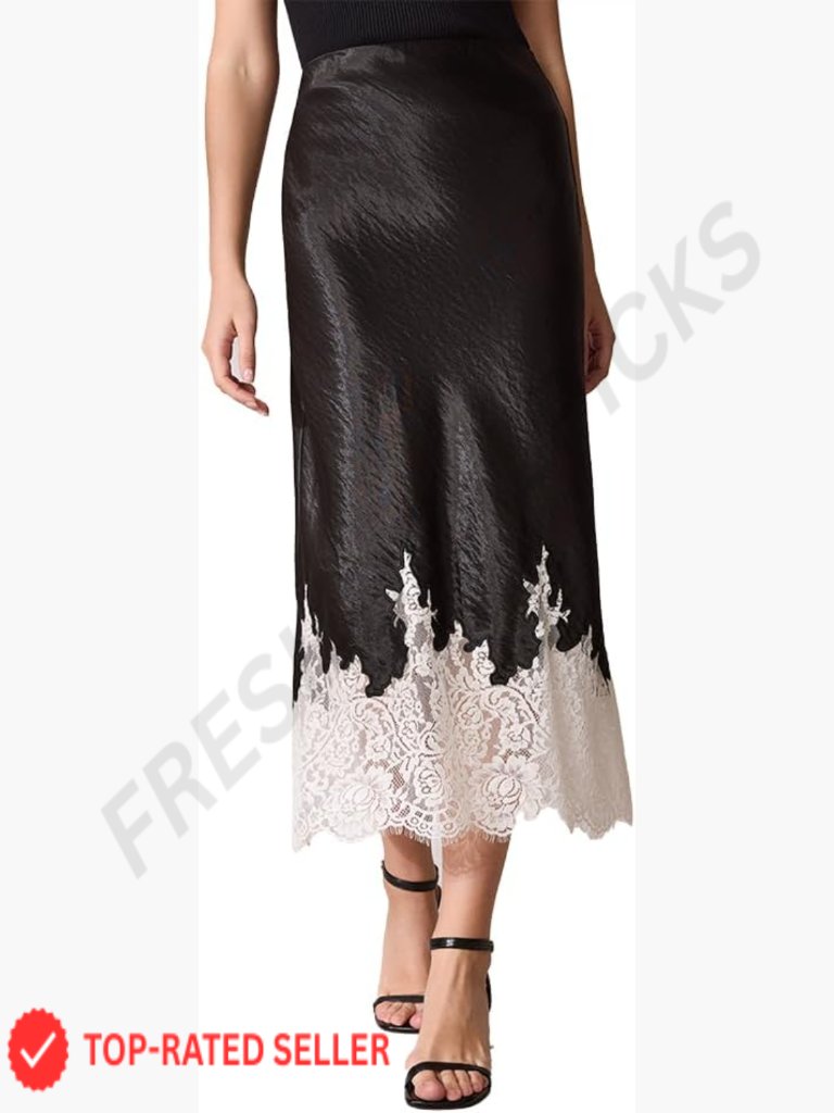 Satin Midi Skirt With Lace Hem Elegant Bias Cut A-Line For Work & Parties